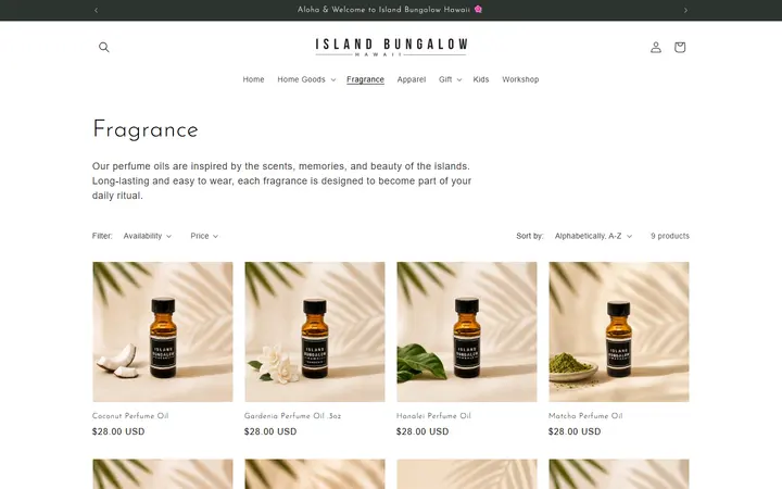 Website page titled Fragrance – Island Bungalow Hawaii
