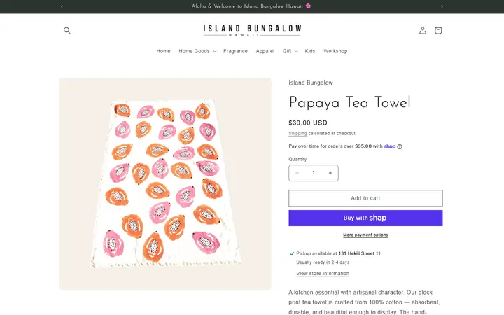 Website page titled Papaya Tea Towel – Island Bungalow Hawaii