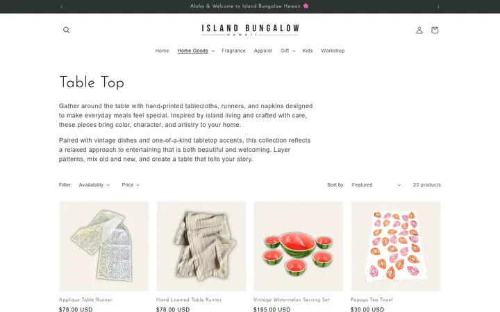 Website page titled Table Top Dinnerware & Serveware - Island Bungalow Hawaii
