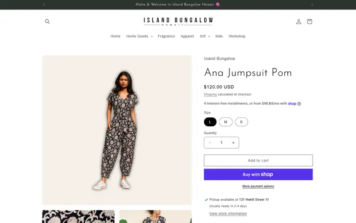 Website page titled Ana Jumpsuit Pom – Island Bungalow Hawaii