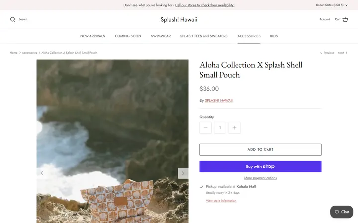 Website page titled Aloha Collection X Splash Shell Small Pouch | Splash! Hawaii