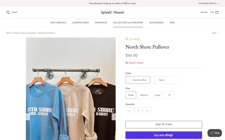Website page titled North Shore Pullover – Splash! Hawaii