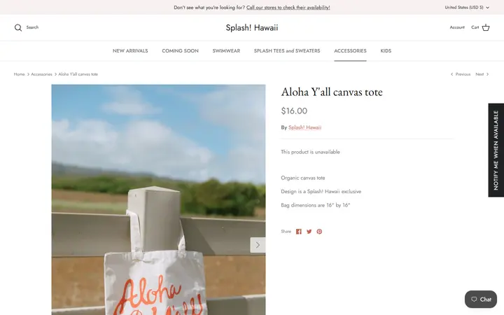 Website page titled Aloha Y'all Canvas Tote Bag | Splash! Hawaii
