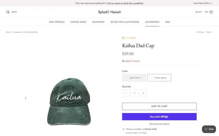 Website page titled Kailua Dad Cap | Splash! Hawaii