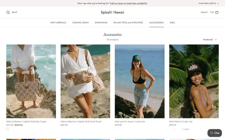Website page titled Accessories – Splash! Hawaii