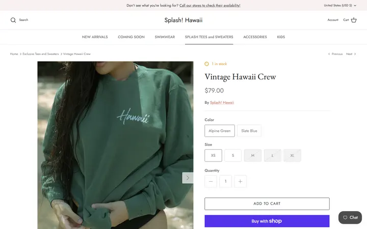 Website page titled Vintage Hawaii Crew Pullover | Splash! Hawaii