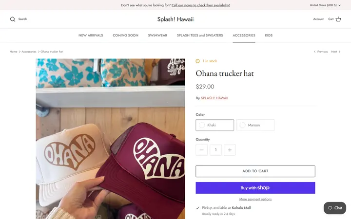 Website page titled Ohana Trucker Hat | Splash! Hawaii