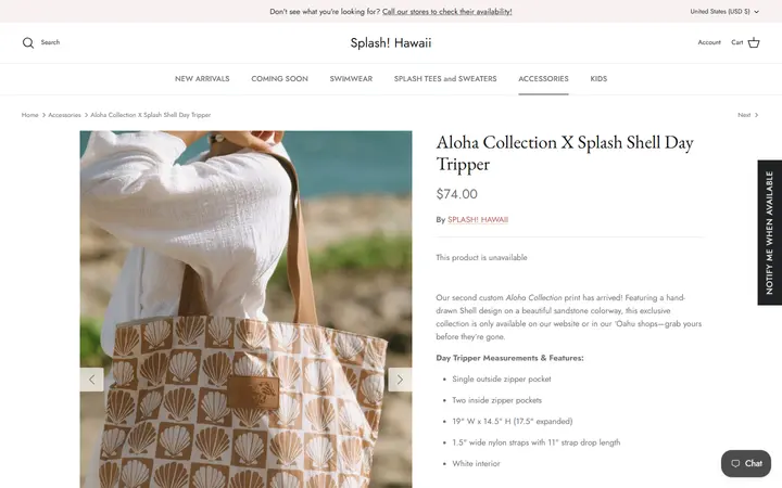 Website page titled Aloha Collection X Splash Shell Day Tripper Bag | Splash! Hawaii