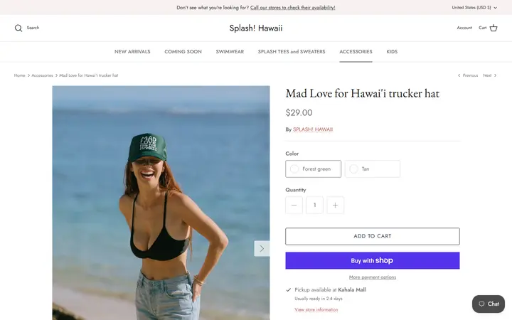Website page titled Mad Love for Hawai'i Trucker Hat | Splash! Hawaii