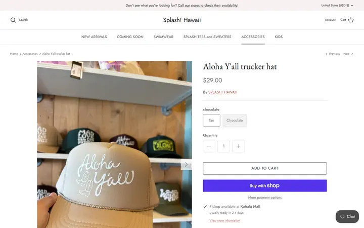 Website page titled Aloha Y'all Trucker Hat | Splash! Hawaii