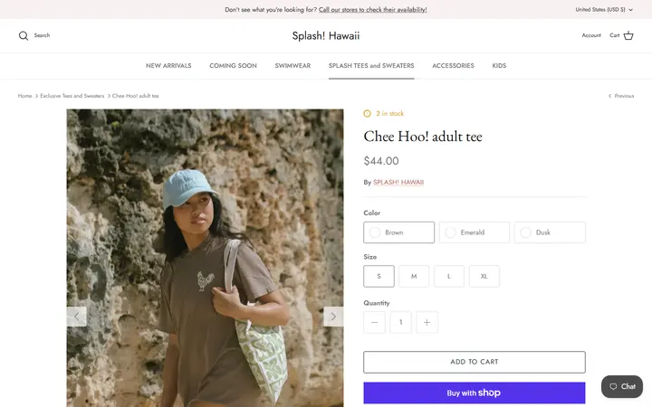 Website page titled Chee Hoo! Adult T-Shirt | Splash! Hawaii