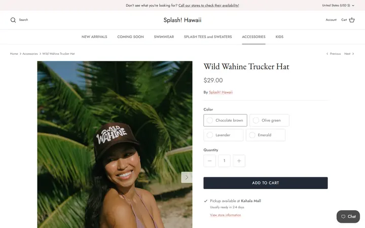 Website page titled Wild Wahine Trucker Hat | Splash! Hawaii