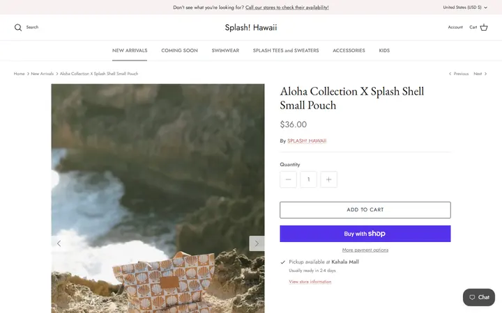Website page titled Aloha Collection X Splash Shell Small Pouch | Splash! Hawaii