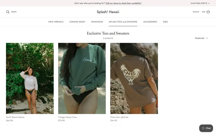 Website page titled Exclusive Tees and Sweaters – Splash! Hawaii