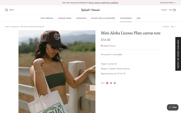 Website page titled Mini Aloha License Plate Canvas Tote | Splash! Hawaii