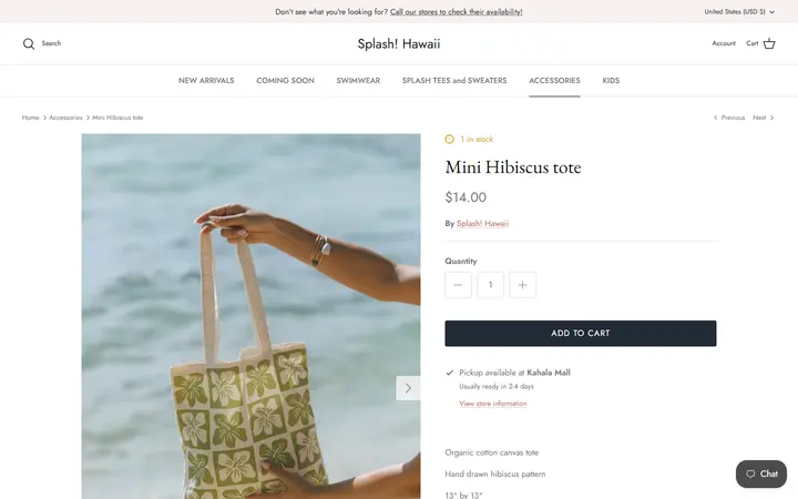Website page titled Mini Hibiscus Tote Bag | Splash! Hawaii