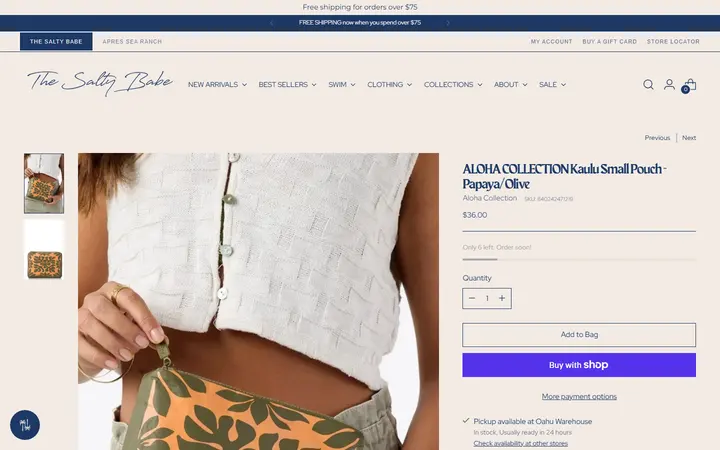 Website page titled ALOHA COLLECTION Kaulu Small Pouch - Papaya/Olive – The Salty Babe