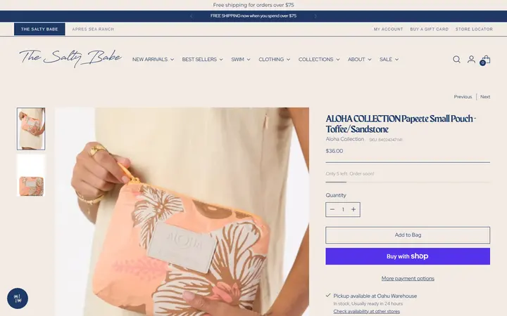 Website page titled ALOHA COLLECTION Papeete Small Pouch - Toffee/Sandstone – The Salty Babe