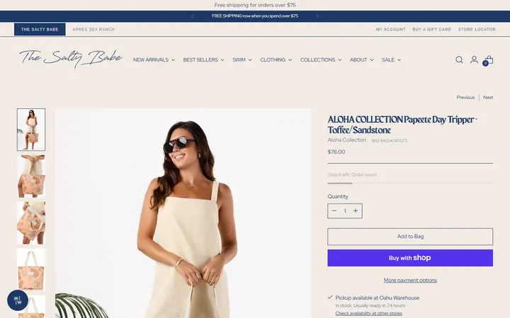 Website page titled ALOHA COLLECTION Papeete Day Tripper - Toffee/Sandstone – The Salty Babe