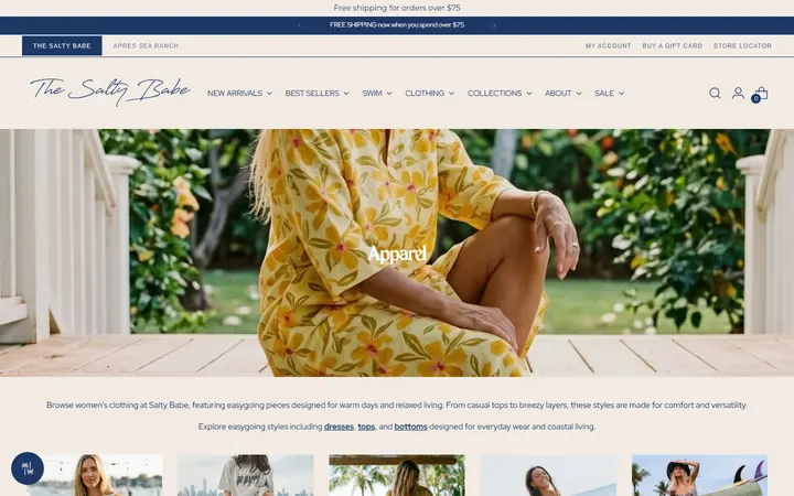 Website page titled Women’s Clothing & Beachwear | Salty Babe – The Salty Babe