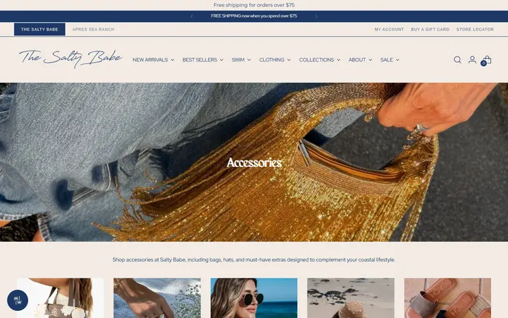 Website page titled Beach Accessories & Bags | Salty Babe – The Salty Babe