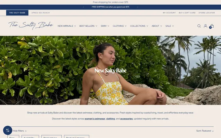 Website page titled New Arrivals | Women’s Swimwear & Apparel | Salty Babe – The Salty Babe