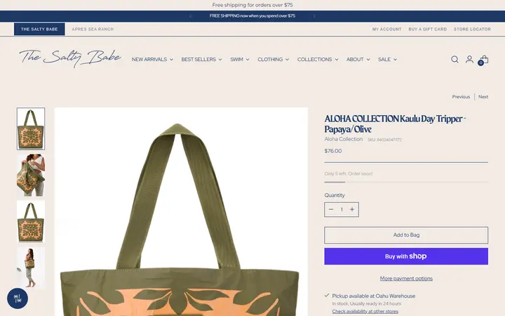 Website page titled ALOHA COLLECTION Kaulu Day Tripper - Papaya/Olive – The Salty Babe