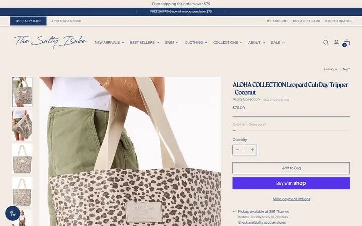 Website page titled ALOHA COLLECTION Leopard Cub Day Tripper - Coconut – The Salty Babe
