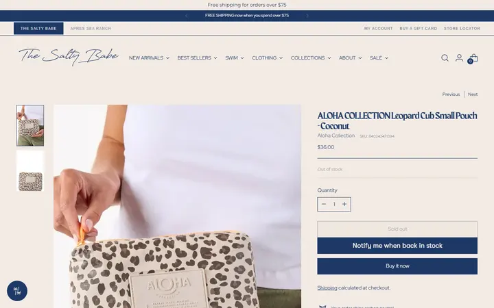 Website page titled ALOHA COLLECTION Leopard Cub Small Pouch - Coconut – The Salty Babe