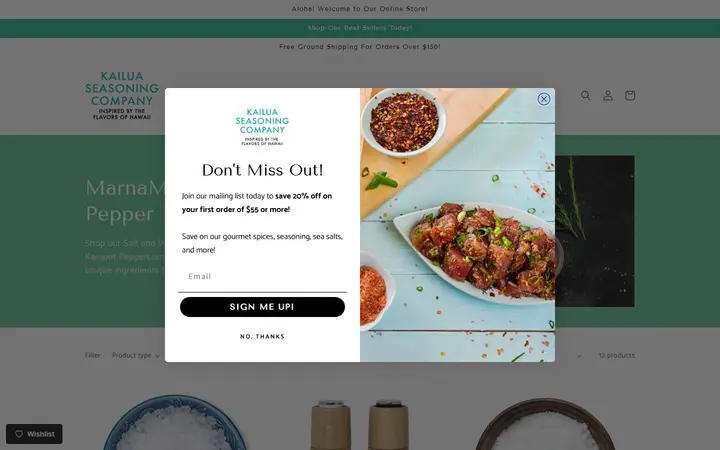 Website page titled Authentic Hawaiian Sea Salts, Spices & Gifts Online Store - Kailua Seasoning Company