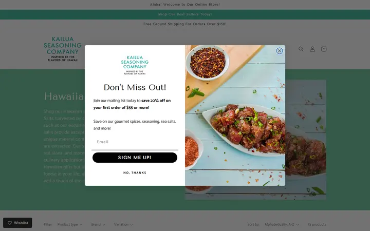 Website page titled Specialty Sea Salts Including Hawaiian Pink, Volcanic & Red Salt