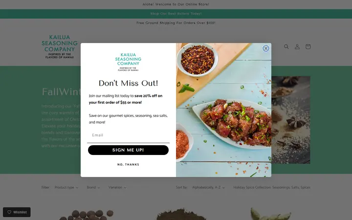 Website page titled Hawaiian Sea Salt, Seasonings & Spices – Holiday Gift Sets & Black Friday Deals - Kailua Seasoning Company