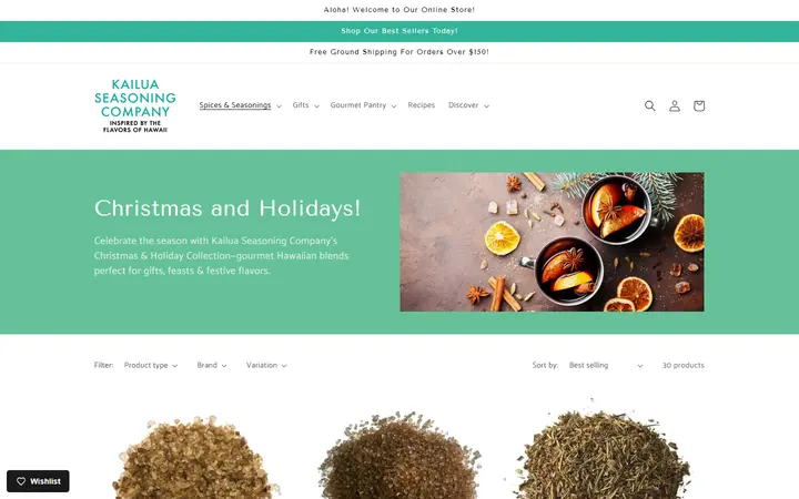 Website page titled Christmas & Holiday Spices and Gift Sets from Hawaii - Kailua Seasoning Company