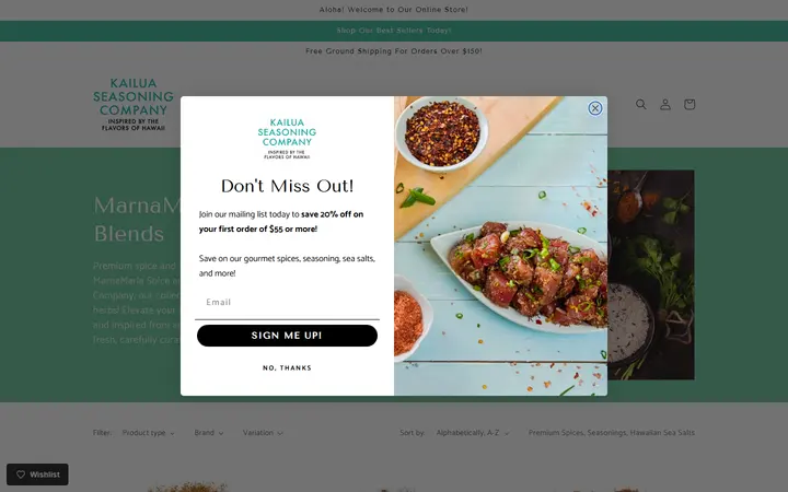 Website page titled Premium Hawaiian Spices, Seasoning Blends & Sea Salts Online - Kailua Seasoning Company