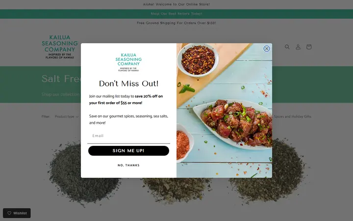 Website page titled Hawaiian Sea Salt, Seasonings, Spices, Gifts & More Online Store - Kailua Seasoning Company