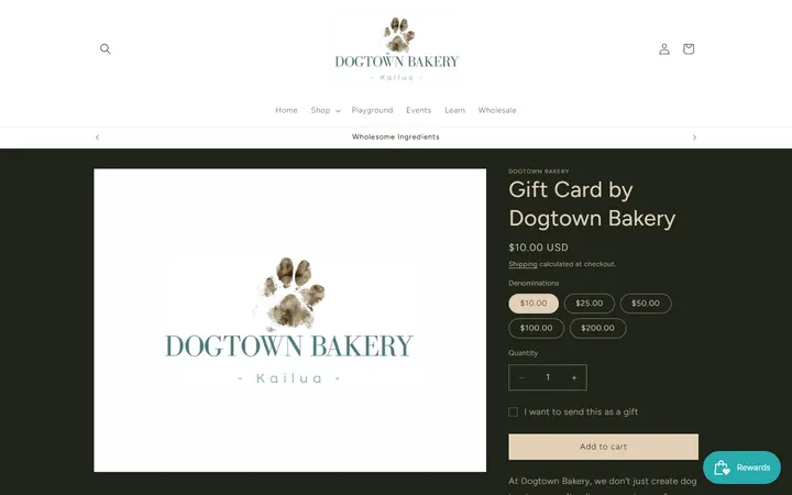Website page titled Gift Card by Dogtown Bakery