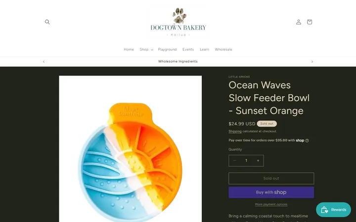 Website page titled Ocean Waves Slow Feeder Bowl - Sunset Orange – Dogtown Bakery