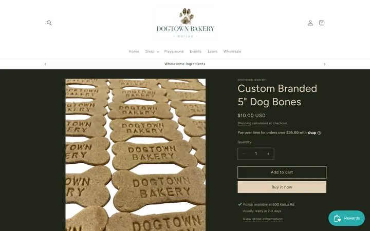 Website page titled Custom Branded 5" Dog Bones – Dogtown Bakery