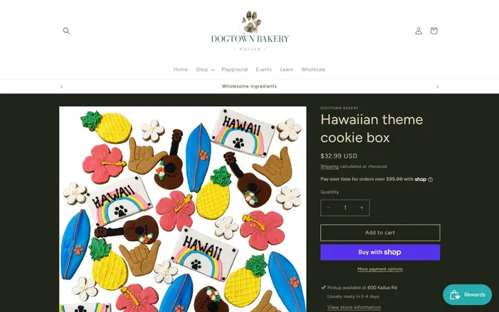 Website page titled Hawaiian theme cookie box – Dogtown Bakery