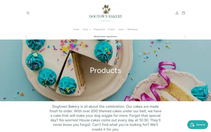 Website page titled Products – Dogtown Bakery