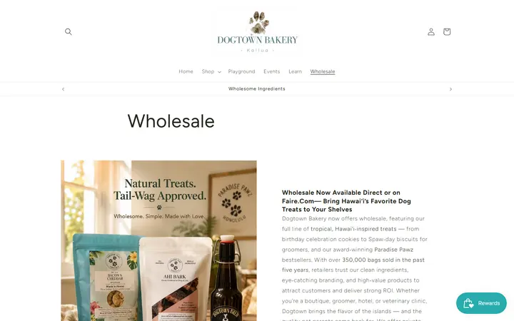 Website page titled Wholesale – Dogtown Bakery
