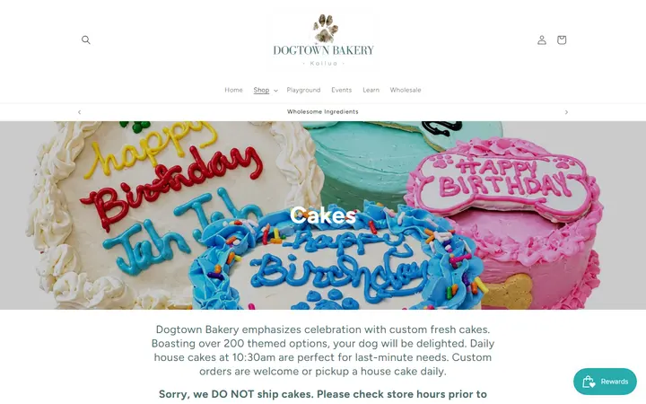 Website page titled Dog Cakes – Dogtown Bakery