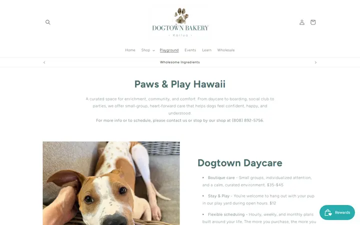 Website page titled Paws & Play – Dogtown Bakery