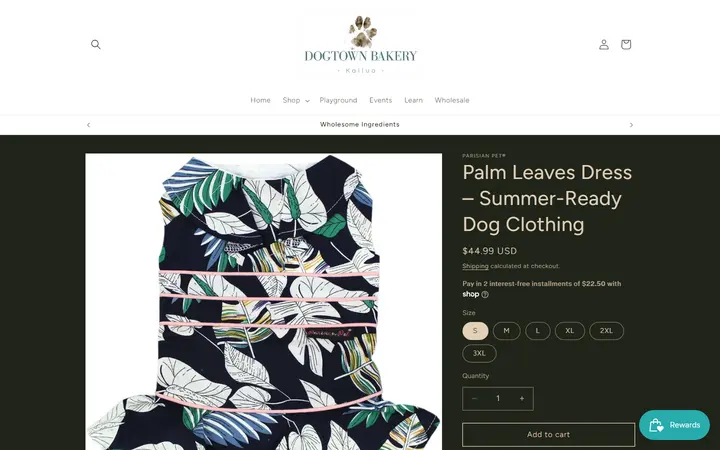 Website page titled Palm Leaves Dress – Summer-Ready Dog Clothing – Dogtown Bakery