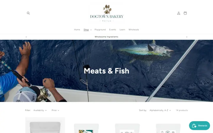Website page titled Meats & Fish – Dogtown Bakery