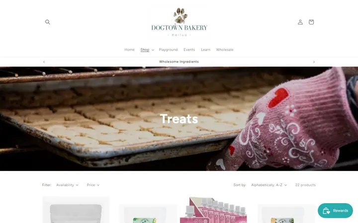 Website page titled Organic Dog Treats – Dogtown Bakery